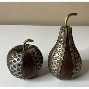 Vintage Charles‎ Marcak Turned Wooden  Apple & Pear Ornate Metal  5.25" x 3"